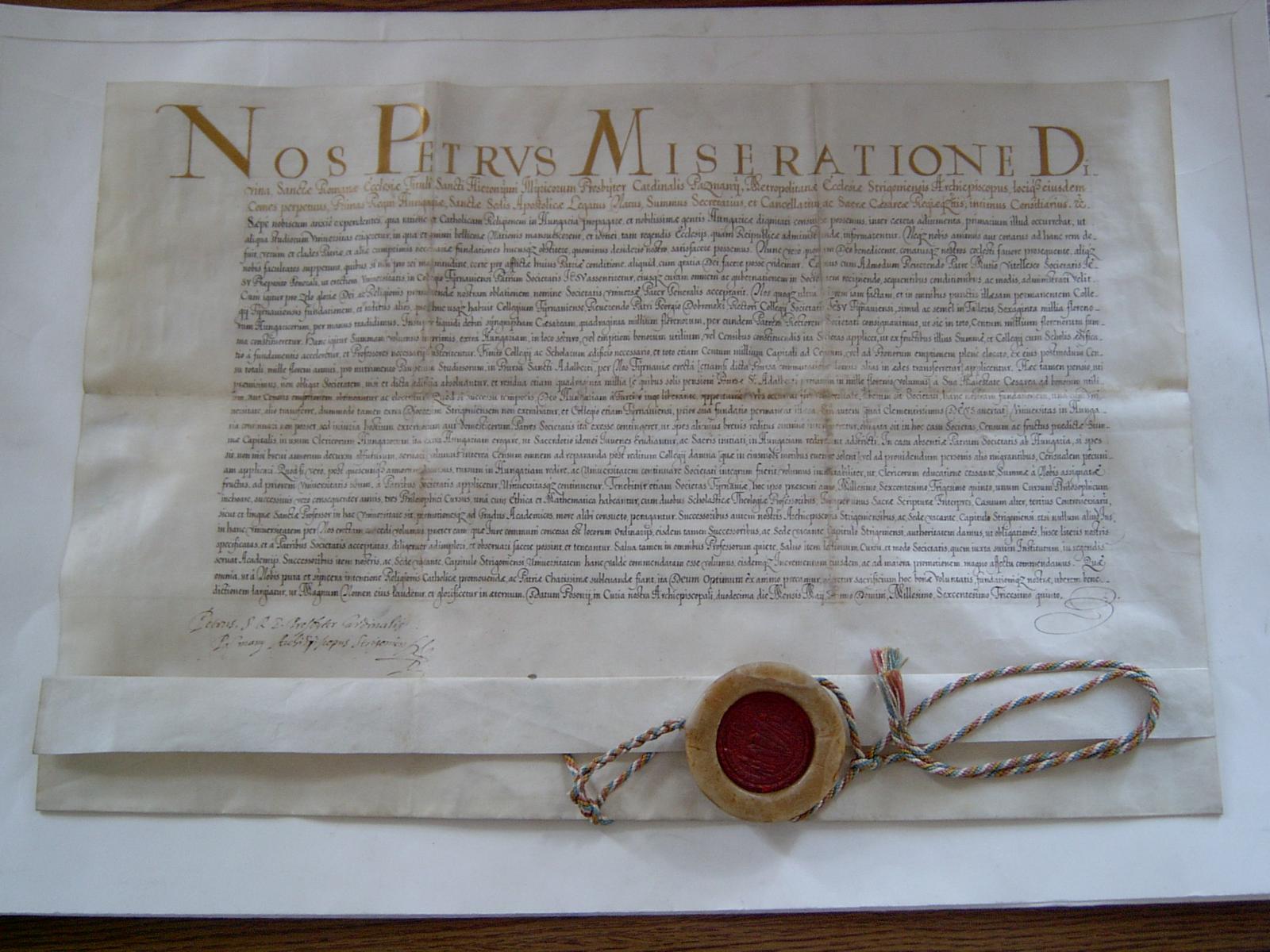 Zakladacia listina historickej Trnavskej univerzity z 12. mája 1635