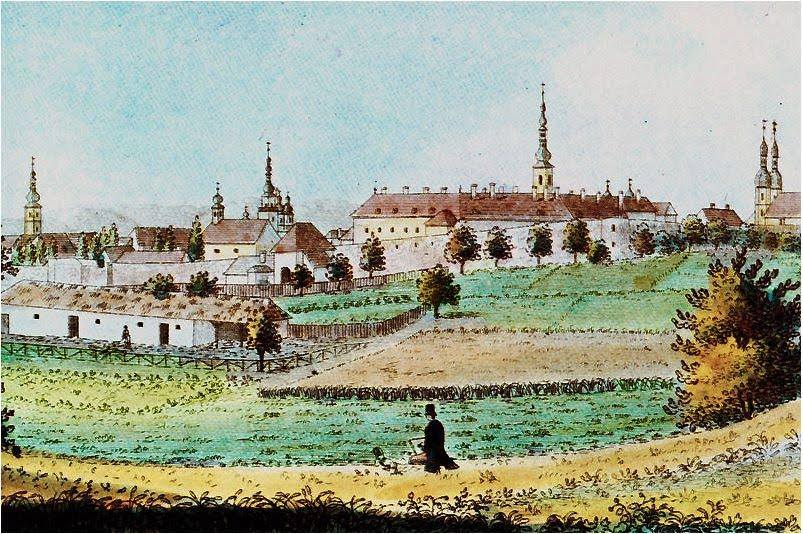 Kolorované kresba Trnavy a predmestia so záhradami na miestach, kde sa v 17. – 18. storočí nachádzala jezuitská záhrada, tzv. Stella, a vyučovala sa v nej botanika