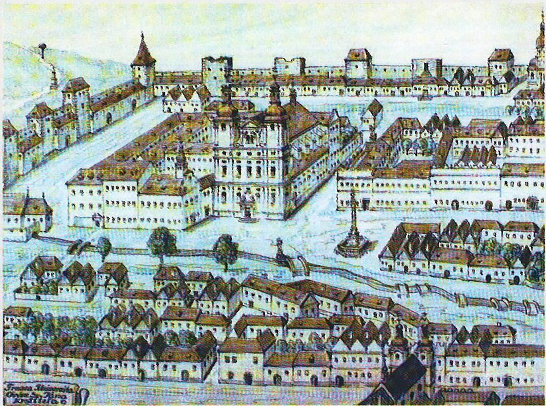 Univerzitné námestie na výreze kolorovanej rytiny Trnavy z polovice 18. storočia s vyobrazeným tokom potoka Trnávka