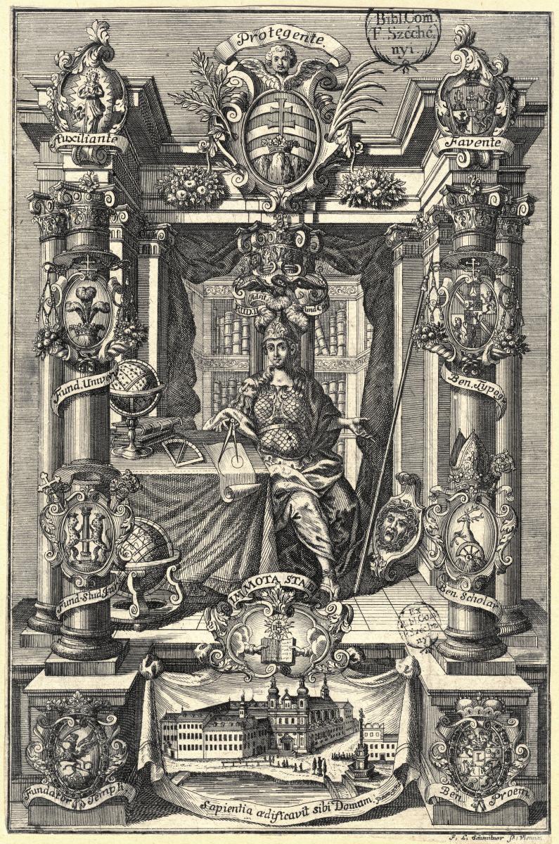 Alegória historickej Trnavskej univerzity na medirytina Franza Leopolda Schmittnera publikovaná v Trnavskom kalendári na rok 1742