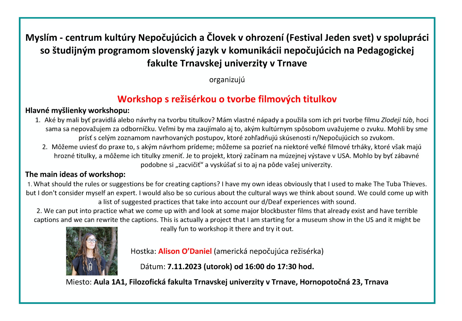 Workshop s režisérkou o tvorbe filmových titulkov