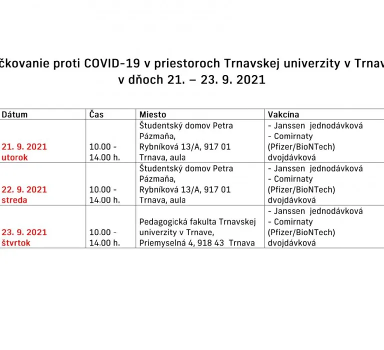 Očkovanie proti covidu-19 na trnavskej univerzite 2021