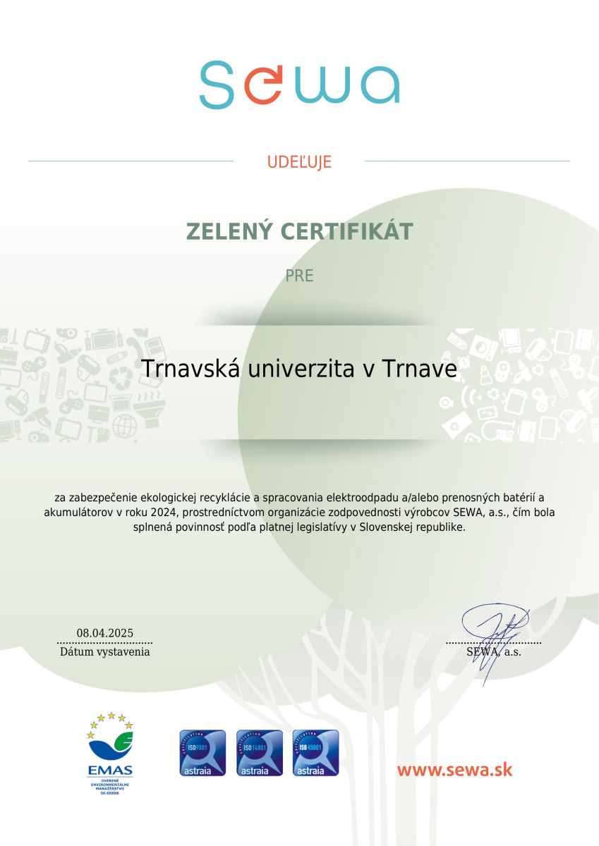 sewa, trnavská univerzita, zelený certifikát